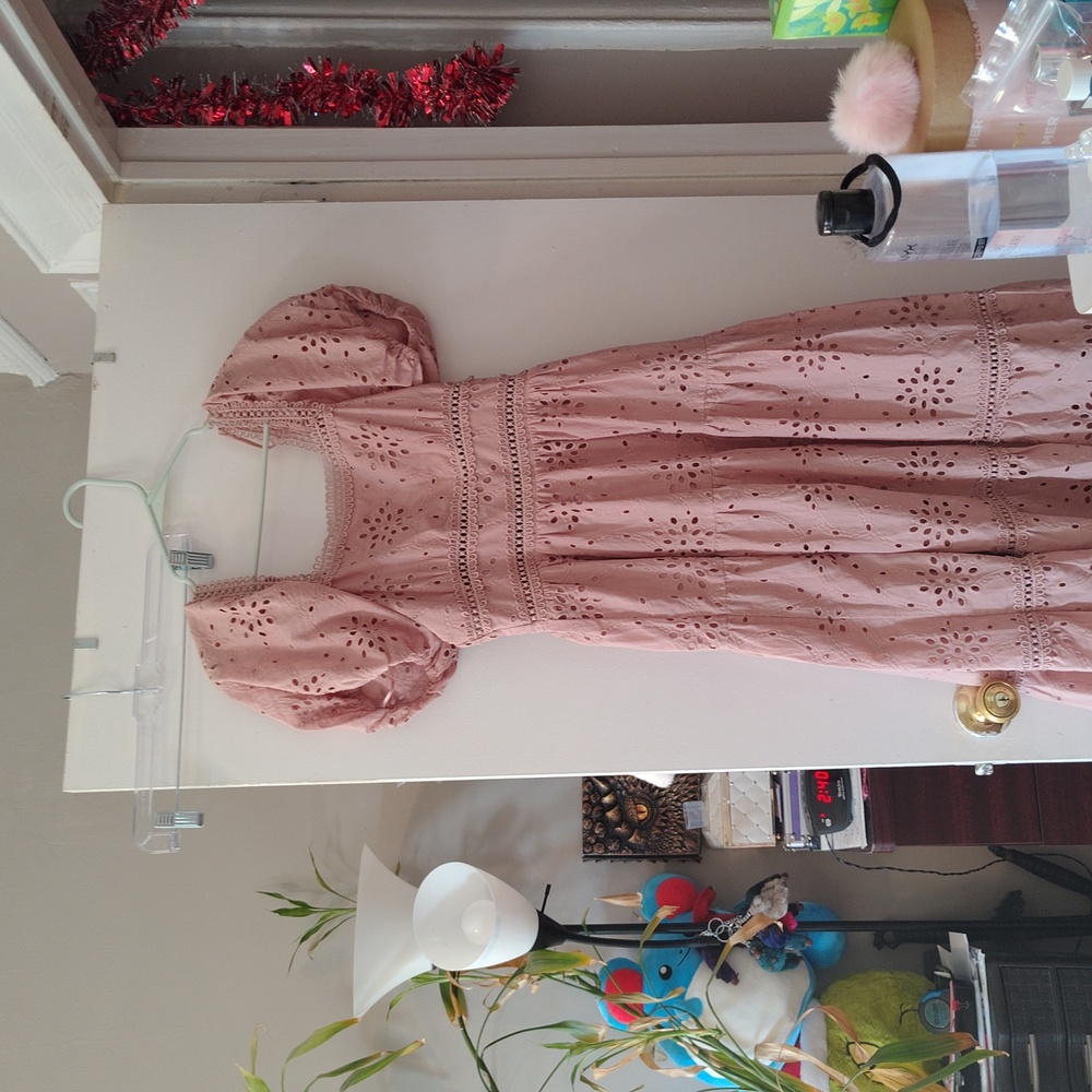 Pink Eyelet Puffed Sleeved Dress - Picture 2 of 4